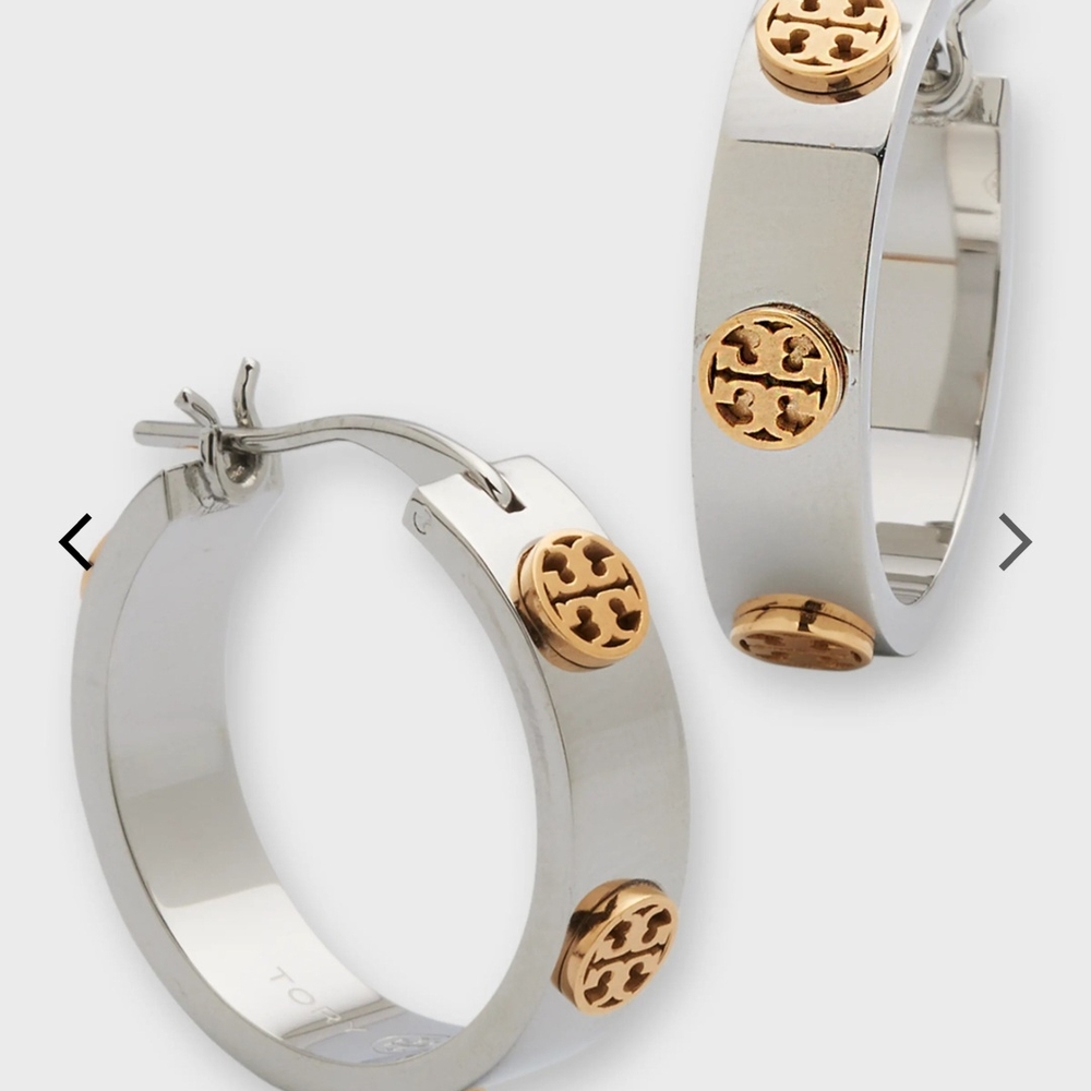 Tory Burch Silver and Gold Small Miller Stud Hoop Earrings NWT Style- 65094